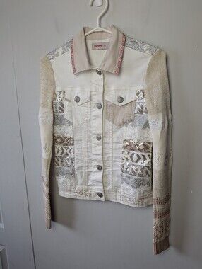 DESIGUAL Women Jeans Jacket Size 34 = XS Cream Color Maximalist Crochet Sleeves